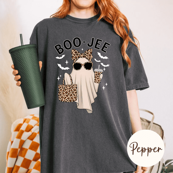 VibeNest Studio Unisex Boo-Jee Ghost Leopard Print Cute Halloween Fall Garment-Dyed Graphic Tee
