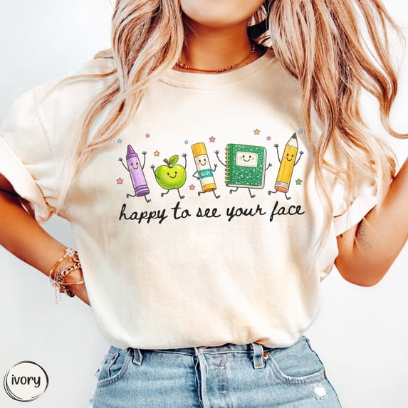 VibeNest Studio Unisex Happy to See Your Face Cute Teacher School Supplies Back to School Garment Dyed Graphic T-Shirt