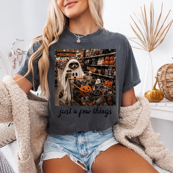 VibeNest Studio Unisex Just a Few Things Funny Raccoon Ghost Halloween Shopping Garment-Dyed Tee