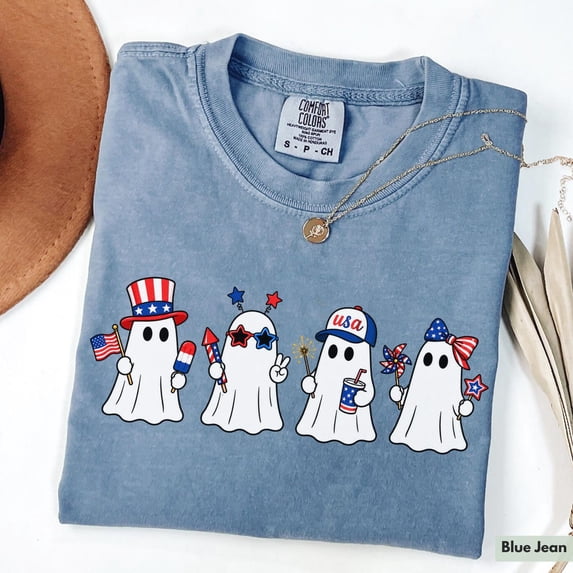 VibeNest Studio Unisex Patriotic Summerween Ghosts 4th of July Summer Halloween Graphic T-Shirt