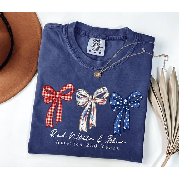 VibeNest Studio Unisex Red White and Blue Coquette Bows 250 Years America Patriotic Garment Dyed Graphic T-Shirt