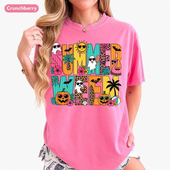 VibeNest Studio Unisex Summerween Spooky Summer Halloween Retro Tropical Garment Dyed Graphic T-Shirt