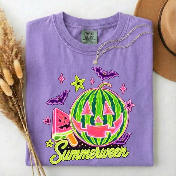 VibeNest Studio Unisex Summerween Watermelon Jack-o-Lantern Spooky Summer Halloween Graphic T-Shirt