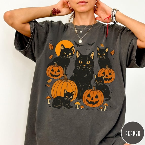 VibeNest Studio Unisex Vintage Black Cat Pumpkin Halloween Fall Moon Bats Garment-Dyed Graphic Tee