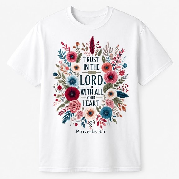 VibeNest Trust in the Lord Floral Christian, Proverbs 3:5 Bible Verse, Unisex Faith Short Sleeve Cotton Shirt