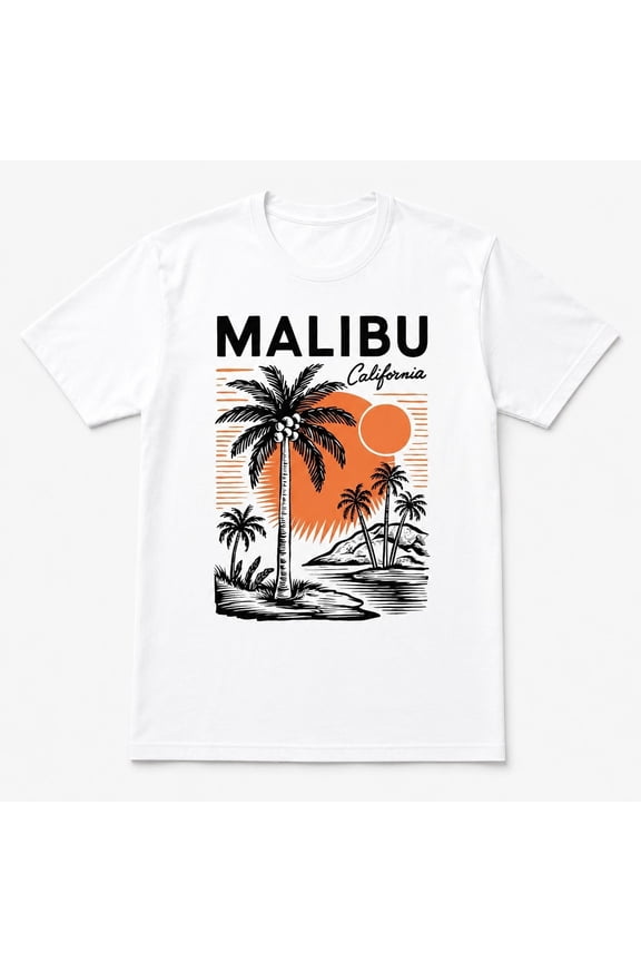 Women’s Malibu California Palm Sunset Graphic Tee, Cotton Short Sleeve Shirt