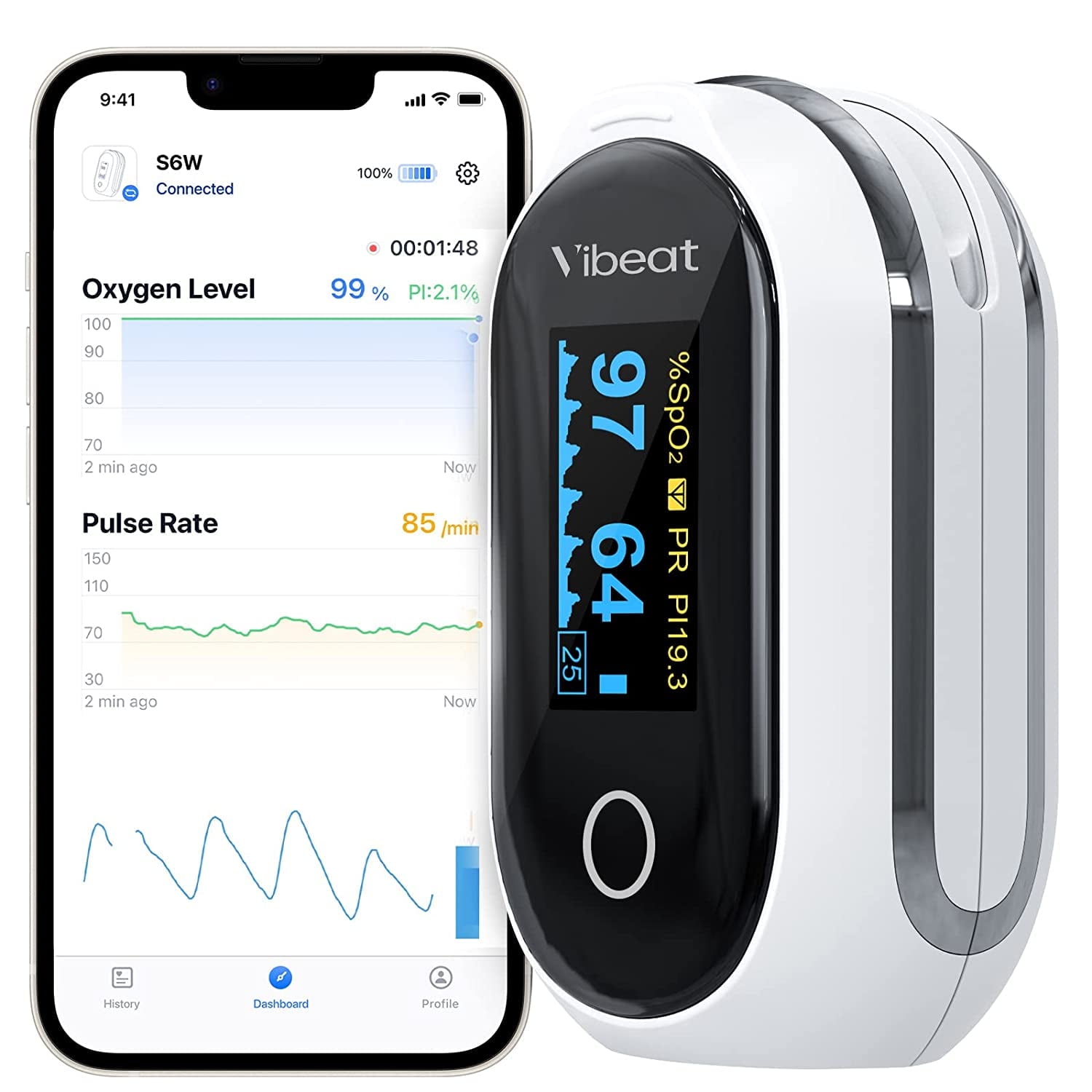 Vibeat Fingertip Oximeter, Bluetooth Oxygen Monitor, Tracks Heart Rate & SpO2 Levels