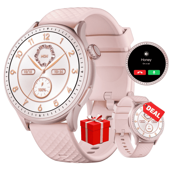 Vibeat Smart Watch, Round Women's Smartwatch Compatible with Android/iOS, 1.43'' AMOLED Screen+Bluetooth Call+3ATM Waterproof+100 Sports+200 Faces+45 Day Battery+256MB Storage+24h Sleep Track, Pink