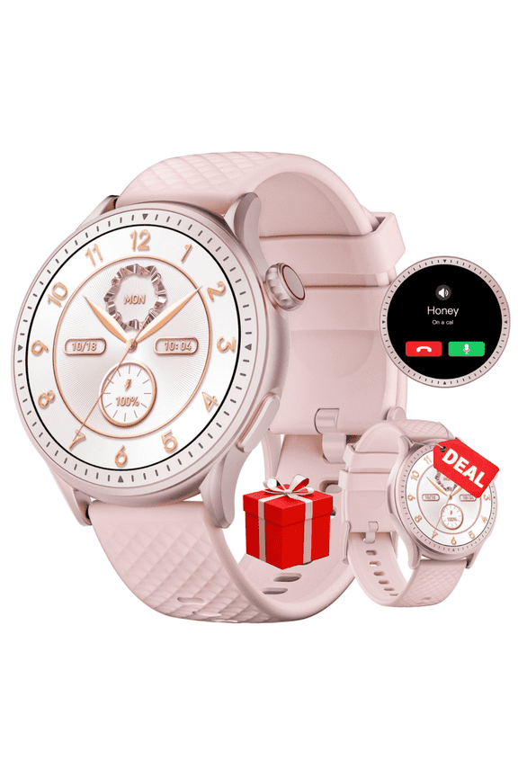 Smart Watch, Round Women's Smartwatch Compatible with Android/iOS, 1.43'' AMOLED Screen+Bluetooth Call+3ATM Waterproof+100 Sports+200 Faces+45 Day Battery+256MB Storage+24h Sleep Track, Pink