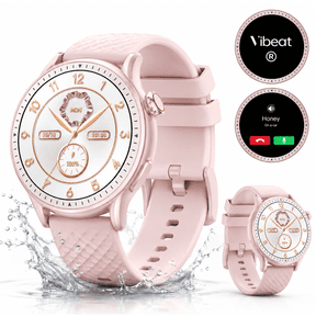 Vibeat Smart Watch, Round Women's Smartwatch Compatible with Android/iOS, 1.43'' AMOLED Screen+Bluetooth Call+3ATM Waterproof+100 Sports+200 Faces+45 Day Battery+256MB Storage+24h Sleep Track, Pink