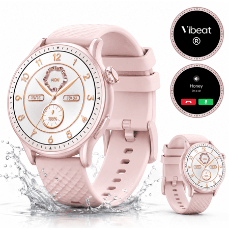 Vibeat Smart Watch, Round Women's Smartwatch Compatible with Android/iOS, 1.43'' AMOLED Screen+Bluetooth Call+3ATM Waterproof+100 Sports+200 Faces+45 Day Battery+256MB Storage+24h Sleep Track, Pink