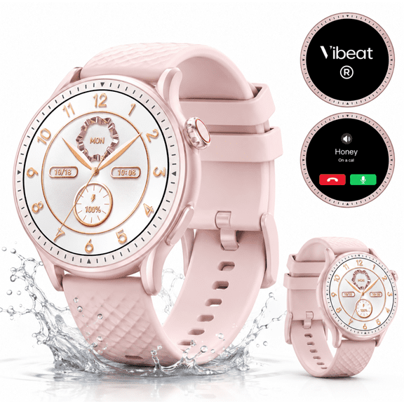 Vibeat Smart Watch, Round Women's Smartwatch Compatible with Android/iOS, 1.43'' AMOLED Screen+Bluetooth Call+3ATM Waterproof+100 Sports+200 Faces+45 Day Battery+256MB Storage+24h Sleep Track, Pink