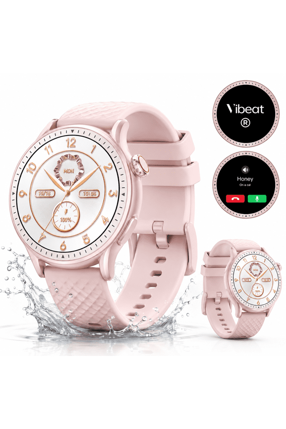 Smart Watch, Round Women's Smartwatch Compatible with Android/iOS, 1.43'' AMOLED Screen+Bluetooth Call+3ATM Waterproof+100 Sports+200 Faces+45 Day Battery+256MB Storage+24h Sleep Track, Pink