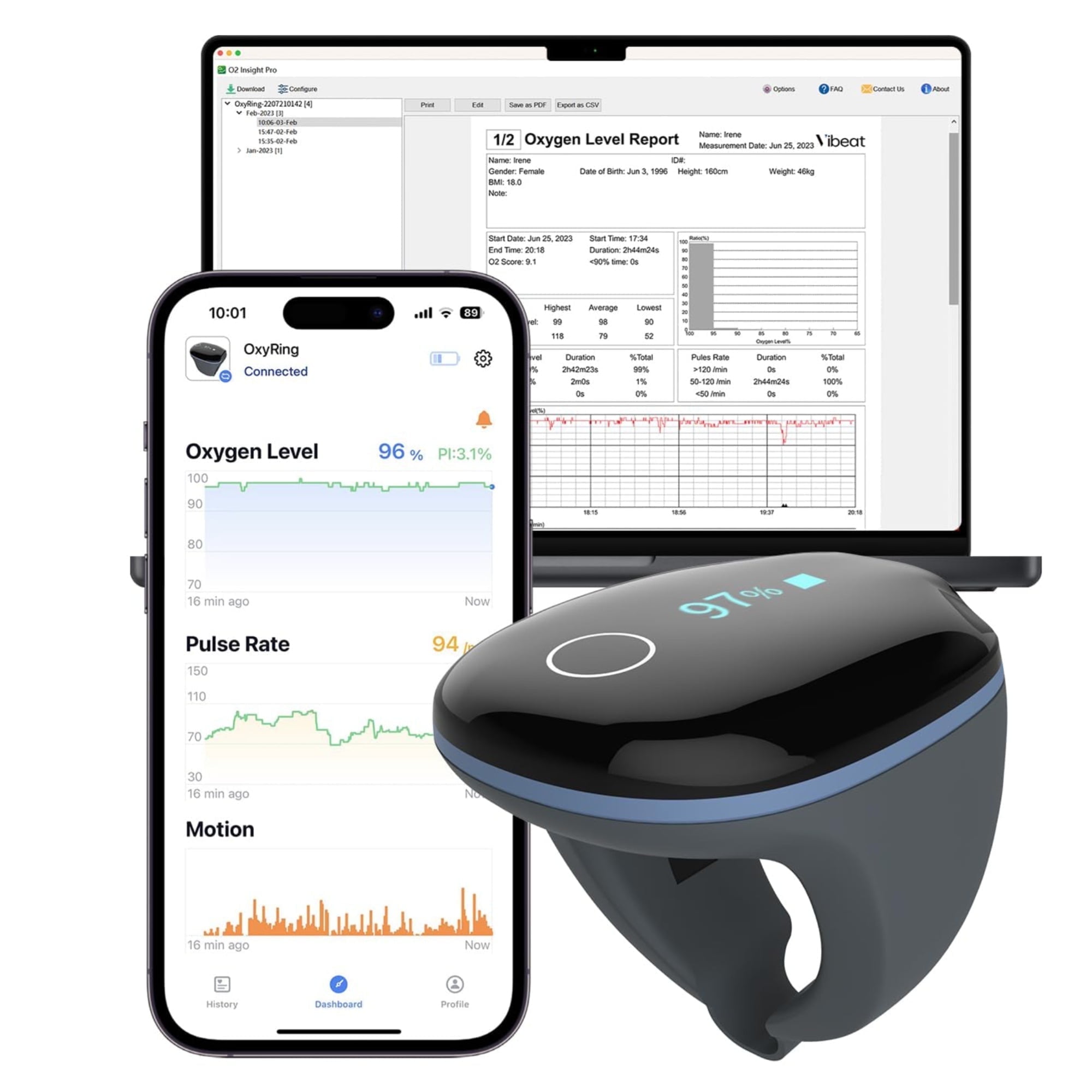 Wellue O2Ring Continuous Oxygen Monitor - Bluetooth Pulse Oximeter with Vibration Reminder & Free PC Report, Wearable Finger Oxygen Meter for Athlete/Fitness
