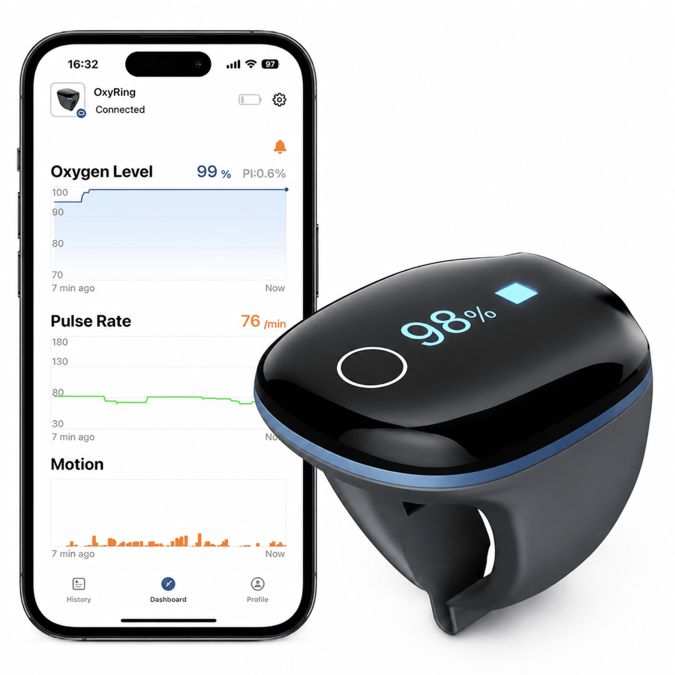Wellue O2Ring Wearable Pulse Oximeter for Sports & Aviation, Continuous SpO & Pulse Rate Monitor with Bluetooth App, Smart Alerts, 16-Hour Battery