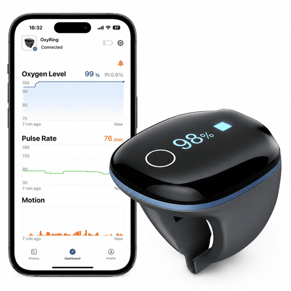 Wellue O2Ring Wearable Pulse Oximeter for Sports & Aviation, Continuous SpO & Pulse Rate Monitor with Bluetooth App, Smart Alerts, 16-Hour Battery