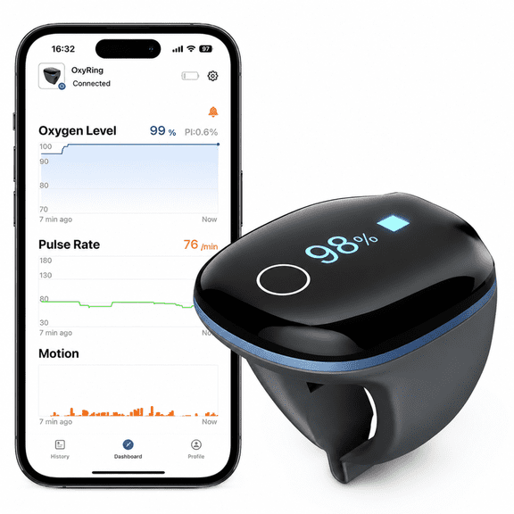 Wellue O2Ring Wearable Sports Aviation Continuous Oxygen Monitor with Bluetooth, Smart Reminder, PC Report
