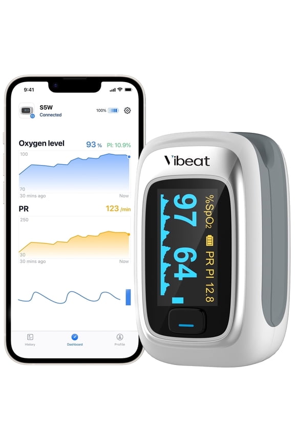 S5W Bluetooth Pulse Oximeter for Sports - SpO2 & HR Tracker, 1 Pack w/ 2 AAA Batteries (Silver)