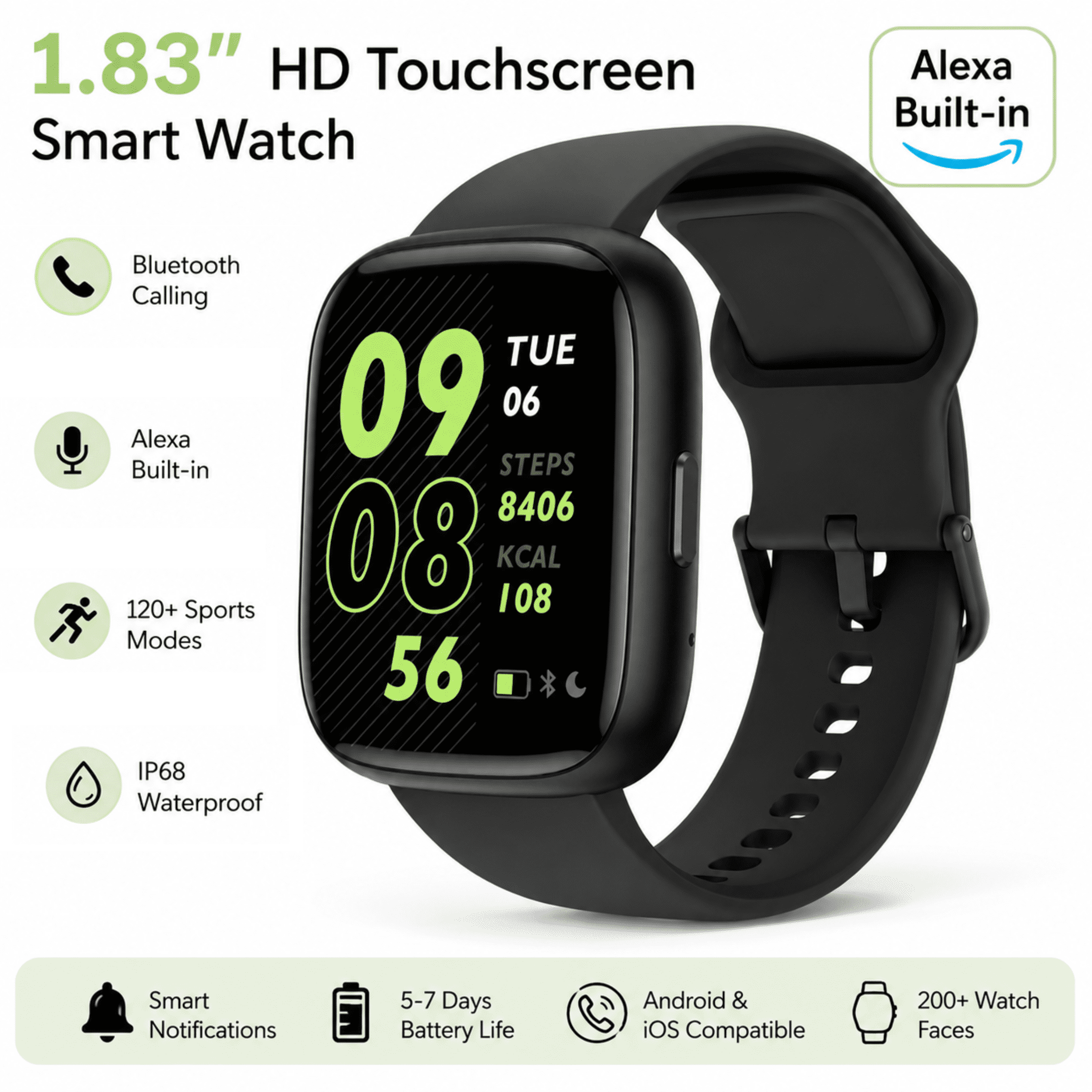 Smart Watch for Women and Men Compatible with Android and iOS, 1.83" HD Touchscreen Smartwatch with Alexa Built-in, Bluetooth Calling, IP68 Waterproof, 120+ Sports, Black