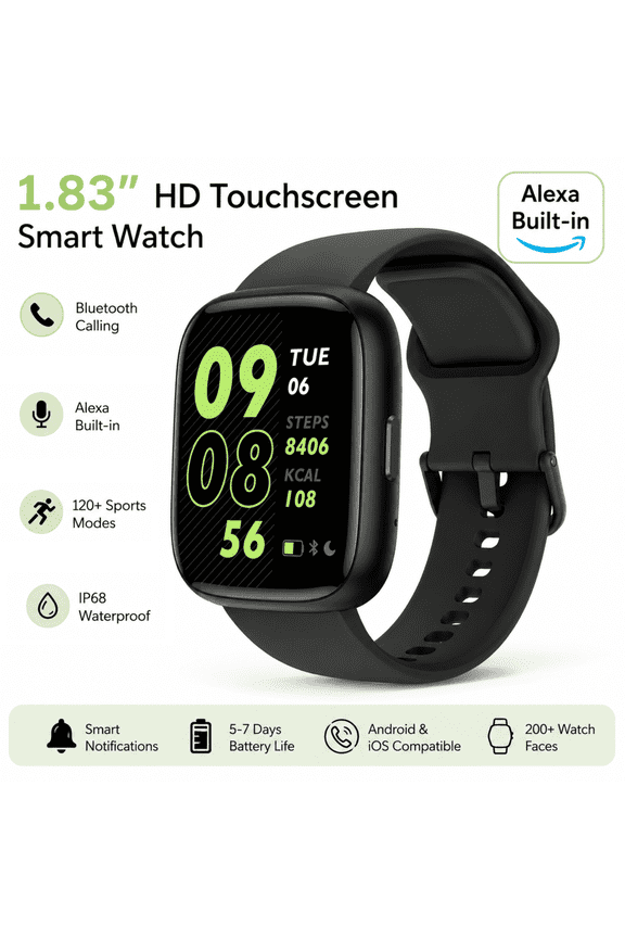 Smart Watch for Women and Men Compatible with Android and iOS, 1.83" HD Touchscreen Smartwatch with Alexa Built-in, Bluetooth Calling, IP68 Waterproof, 120+ Sports, Black