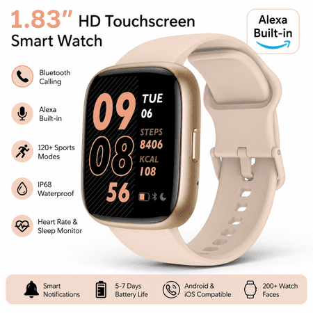Vibeat Smart Watch Alexa Built-in 1.83" HD Bluetooth Call IP68 Fitness Tracker Pink