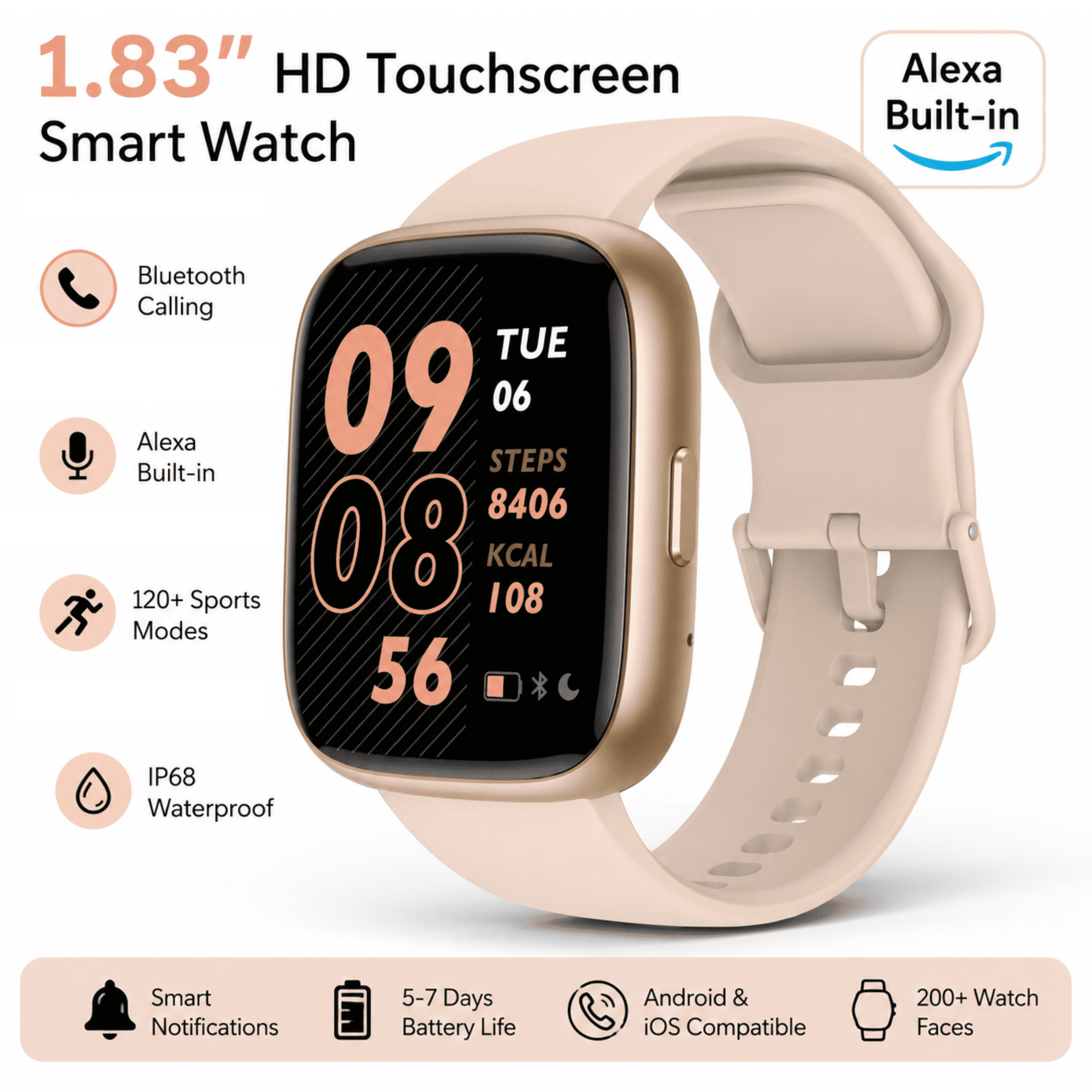 Smart Watch for Women and Men Compatible with Android and iOS, 1.83" HD Touchscreen Smartwatch with Alexa Built-in, Bluetooth Calling, IP68 Waterproof, 120+ Sports, Pink