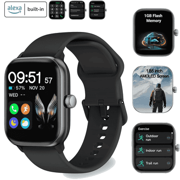 Vibeat GTX10 Smart Watch - 1.85" AMOLED Smartwatch w/ Alexa | IP68 | Fitness, Compatible with iOS/Android, Black