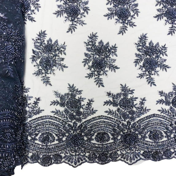 Vibernum Bridal Lace Sequins Beaded Scallop Fabric for Dresses 52’’ BTY (Navy Blue)
