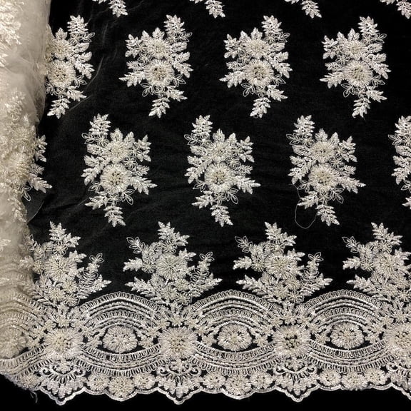 Vibernum Bridal Lace Sequins Beaded Scallop Fabric for Dresses 52’’ BTY (Off White)
