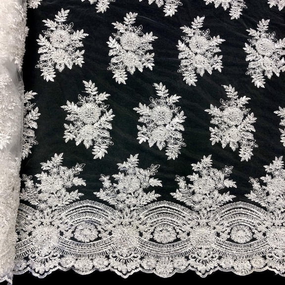 Vibernum Bridal Lace Sequins Beaded Scallop Fabric for Dresses 52’’ BTY (White)