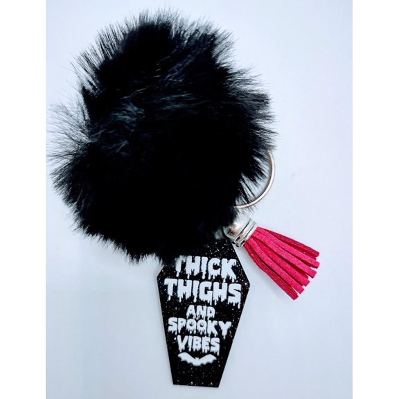 Vibes Acrylic Keychain With Fur And Tassel charm