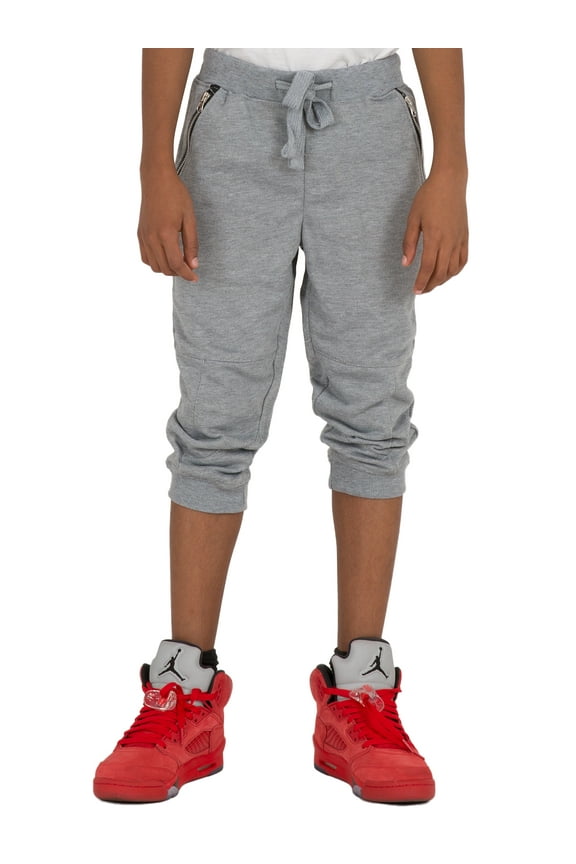 Boy Light Grey French Terry Jogger Capri Shorts Zipper Pockets Rib Bottom