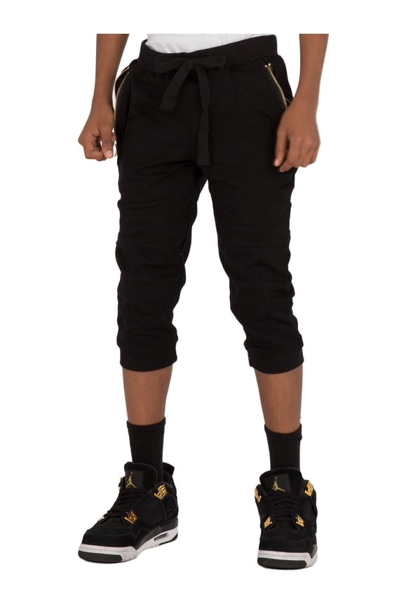 Boy's Black Jogger Capri Shorts Zipper Pockets CVC French Terry Rib Bottom