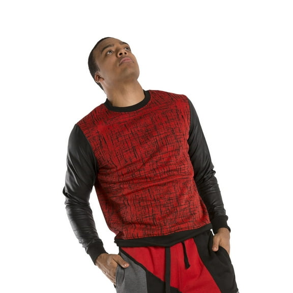 Vibes Men Fleece Pullover Sweatshirts PU Sleeve Red Black 2X-Large