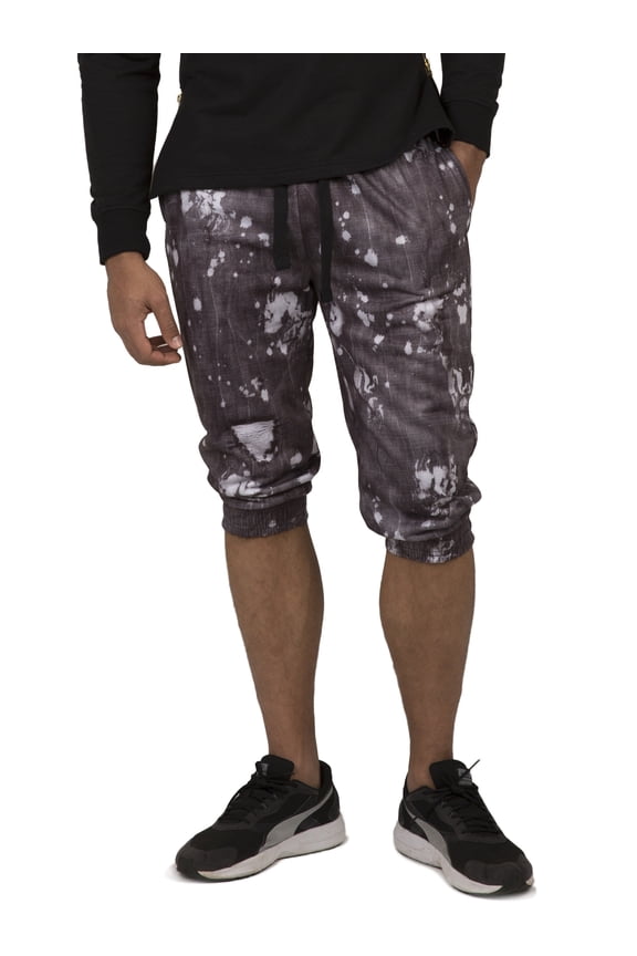 Men Printed Fleece Jogger Capri 18" Inseam Black X-Large