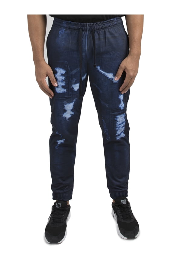 Men Printed Fleece Jogger Sweatpants Dark Rip Large