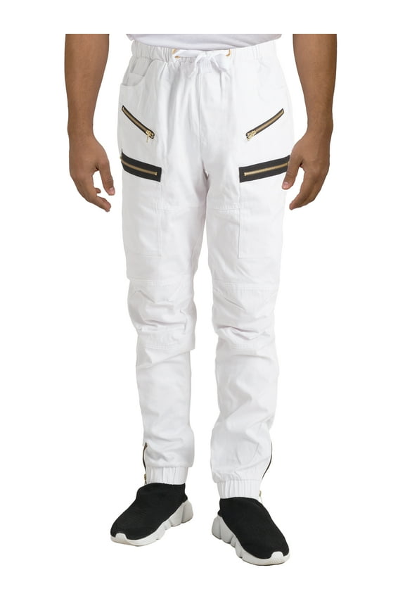 Men Twill Jogger Pants Zipper Trimmed White Male Size L
