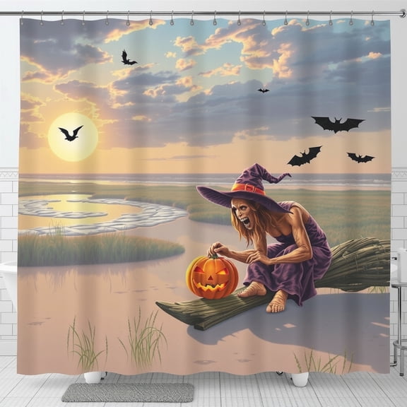 Vibes Shower Curtain - Purple Dress Pumpkin Sunset Beach Scene with Bats for Halloween Decor