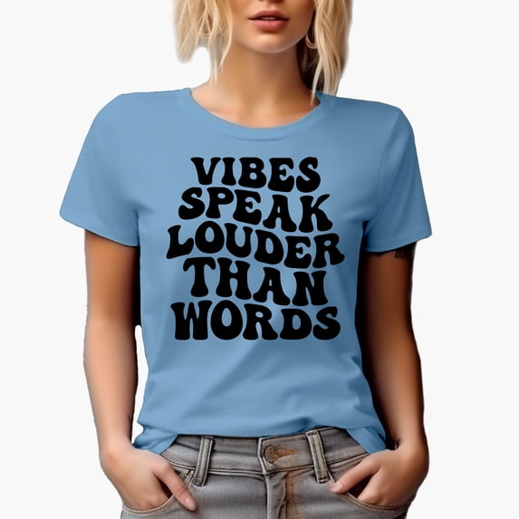 Vibes Speak Louder Than Words Quote, Groovy Retro Wavy Text Merch Gift, Baby Blue T-Shirt, Small