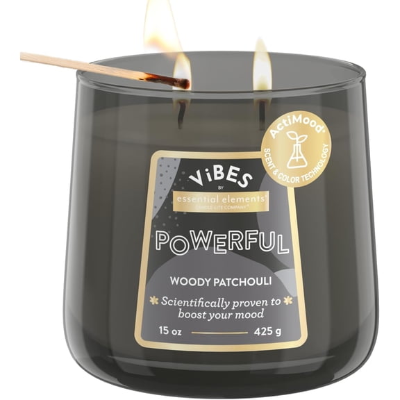 Vibes Woody Patchouli Mood-Enhancing Scented , 15 oz Jar, Aromatherapy, Proudly Poured in The USA, 2-Wick, 86 Hours Burn Time, Perfect Relaxation Gift