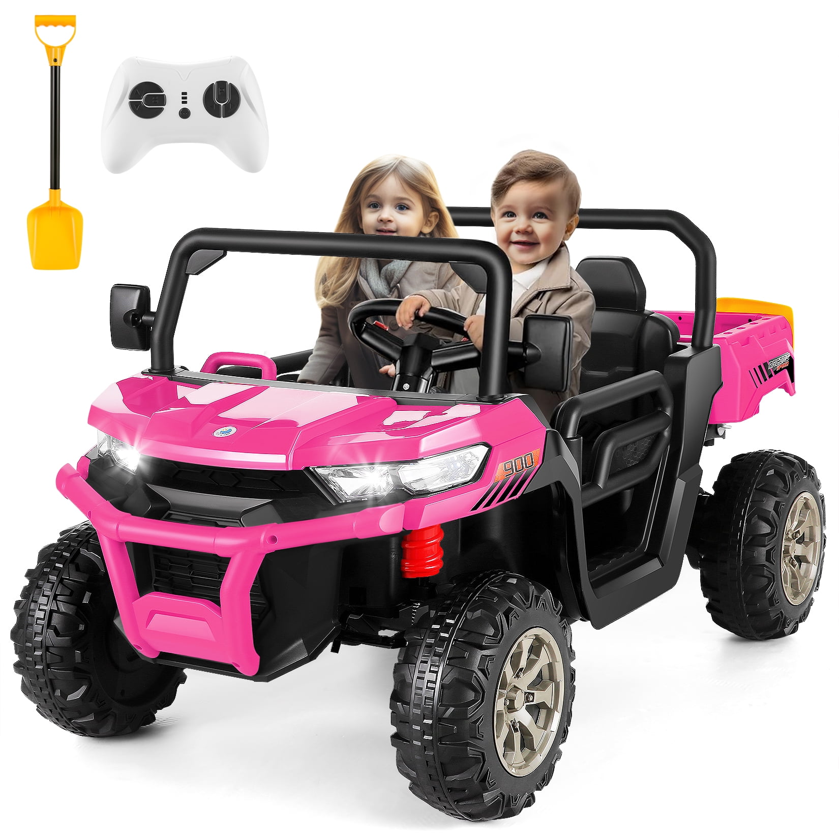 Vibespark 24 V 2x200W Kids Ride on Dump Truck with Remote Control, 2 Seater  Electric Powered 4-Wheel UTV Toys, Ride on Tractor Car w/ Tipping Bucket  Trailer, Shovel, Suspension, Bluetooth Music, Pink 