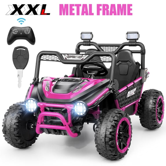 Funcid Metal Frame 24 Volt Ride on Toys, 2-Seater Ride on Cars with Remote Control, Electric Car for Kids, Power UTV Wheels with Key Start, Storage Bag, Bluetooth, Music, Spring Suspension, Pink