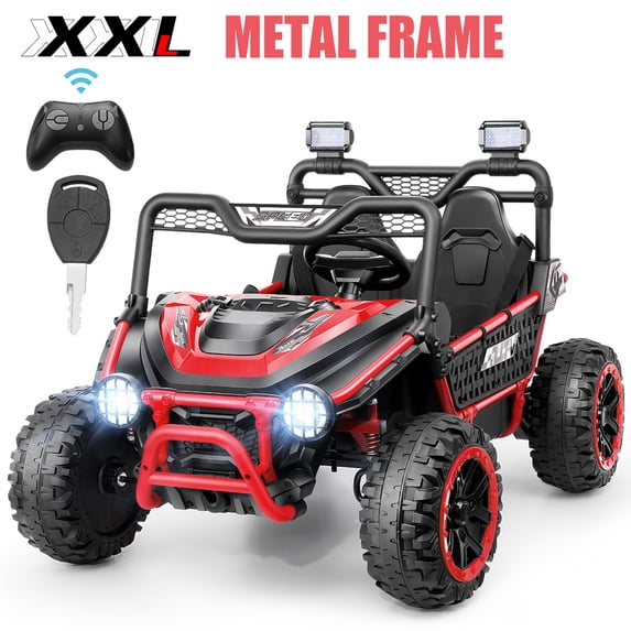 Funcid Metal Frame 24 Volt Ride on Toys, 2-Seater Ride on Cars with Remote Control, Electric Car for Kids, Power UTV Wheels with Key Start, Storage Bag, Bluetooth, Music, Spring Suspension, Red