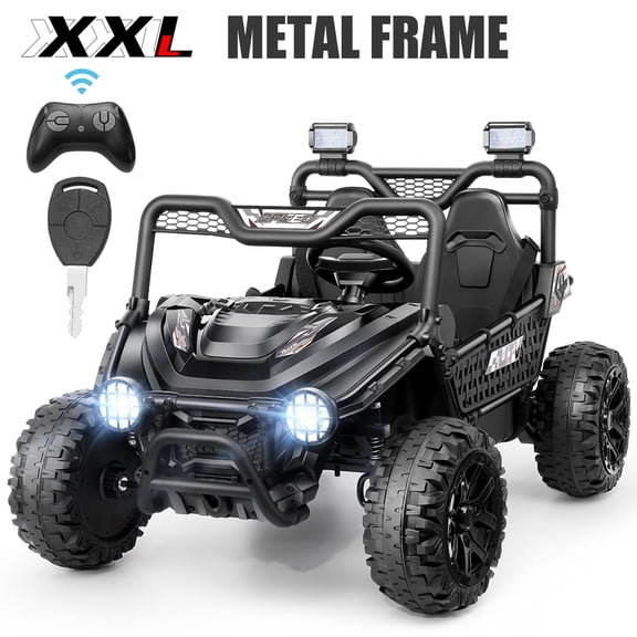 Funcid Metal Frame 24 Volt Ride on Toys, 2-Seater Ride on Cars with Remote Control, Electric Car for Kids, Power UTV Wheels with Key Start, Storage Bag, Bluetooth, Music, Spring Suspension, Black