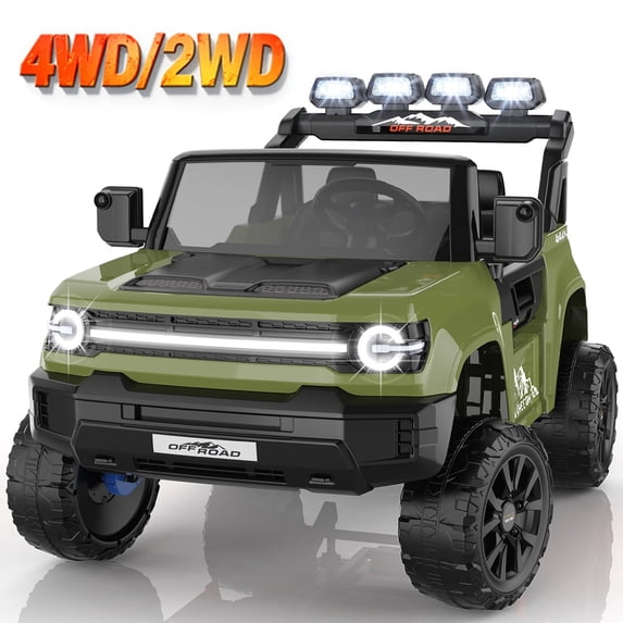 Funcid 24 Volt Ride on Toys, 2WD/4WD Switchable 800W 2-Seater Ride on Truck, 7AH Battery Powered Ride on Cars with Remote Control, Electric Car for Kids w/ Bluetooth, Music, Spring Suspension, Green