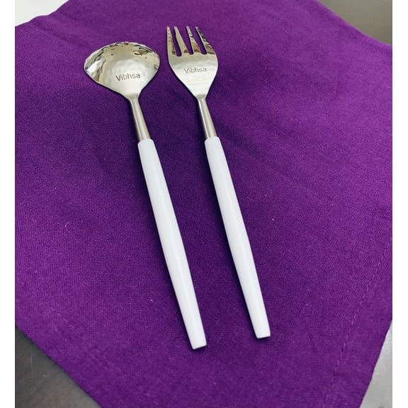 Vibhsa 12-Piece Hammered Salad Forks and Soup Spoons Set, White Handles, Service for 6