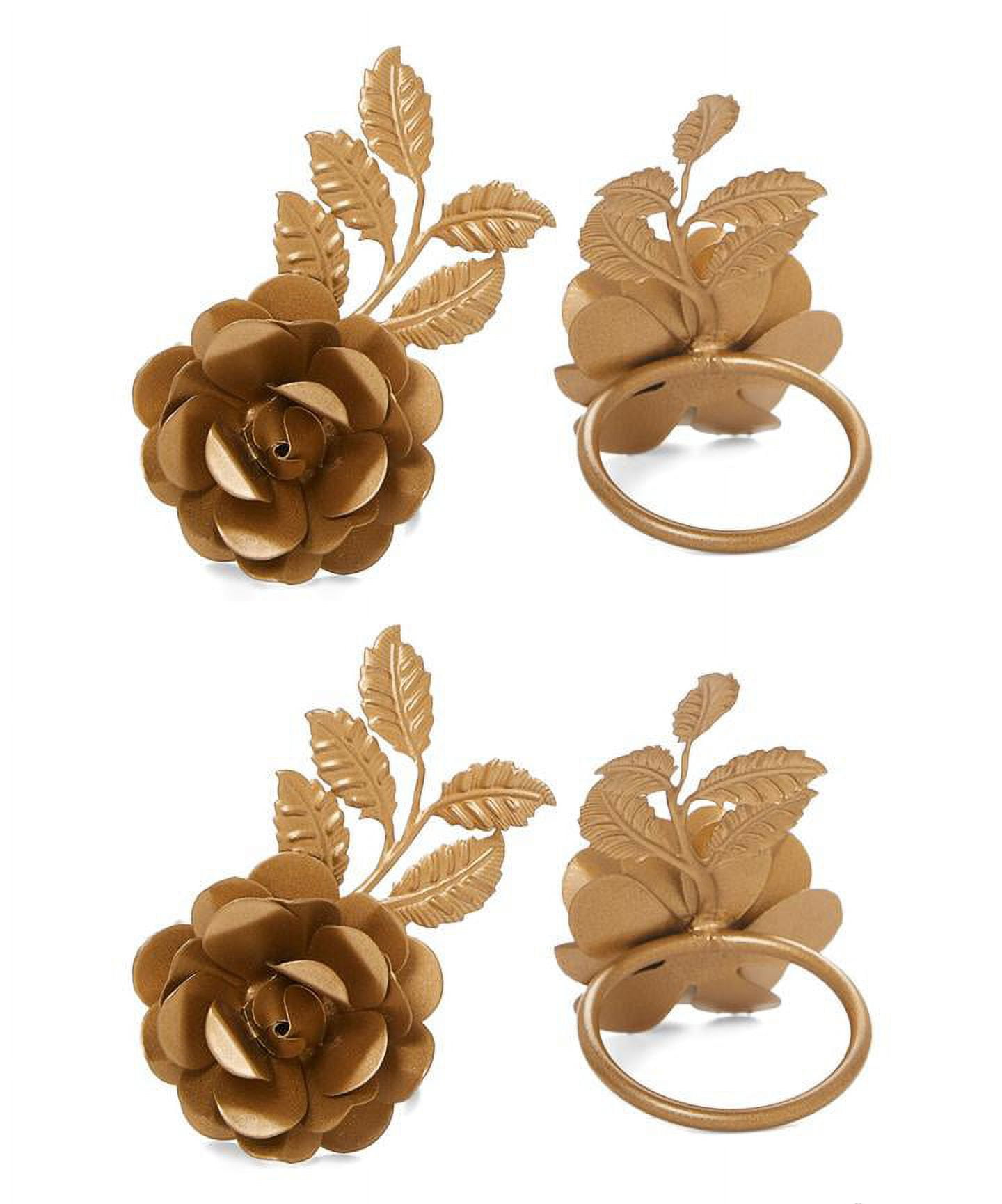 Golden Rose Flower and Leaves Napkin Ring Set of 4