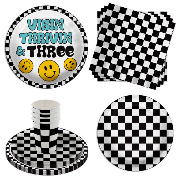 Vibin Thrivin' and Three Smiley Face 3rd Birthday Party Supplies 64 Piece Tableware Set Includes Large 9" Dinner Plate and Small Dessert Plates Cups and Napkins Tableware Kit for 16