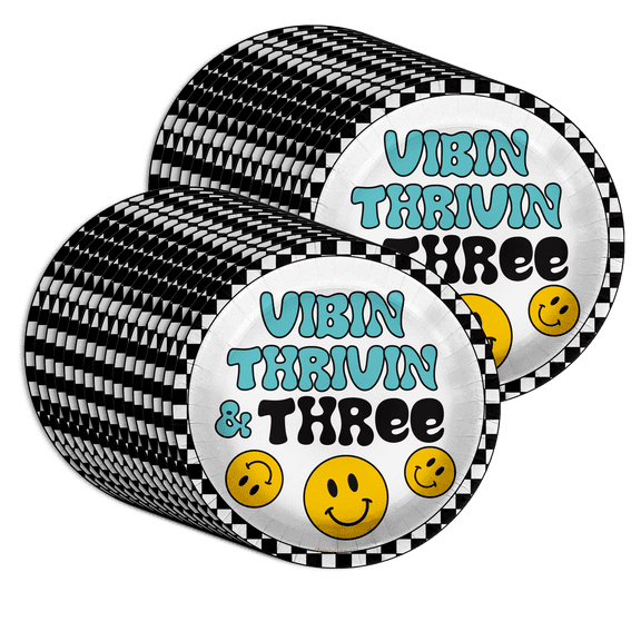 Vibin Thrivin' and Three Smiley Face 3rd Birthday Party Supplies Large 9" Paper Plates in Bulk 32 Piece