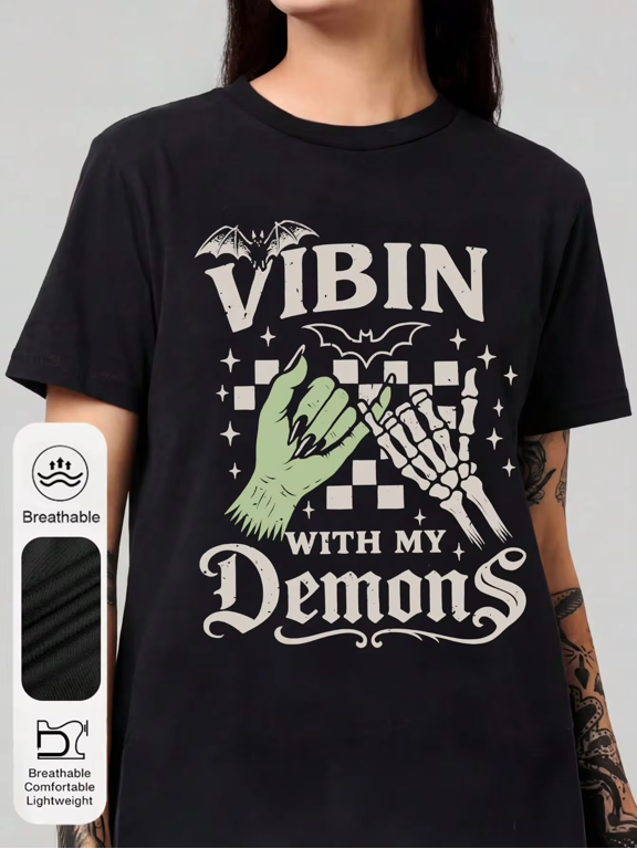 Vibin With My Demons Skeleton Hand Bat Vintage Grunge Y2K Graphic Crewneck Cotton Unisex Tee Shirt